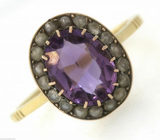 Ladies Antique Victorian 14k Yellow Gold Amethyst Seed Pearl Cocktail Ring