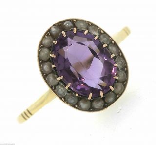 Ladies Antique Victorian 14K Yellow Gold Amethyst Seed Pearl Cocktail Ring 2