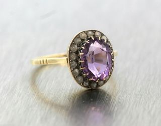 Ladies Antique Victorian 14K Yellow Gold Amethyst Seed Pearl Cocktail Ring 5