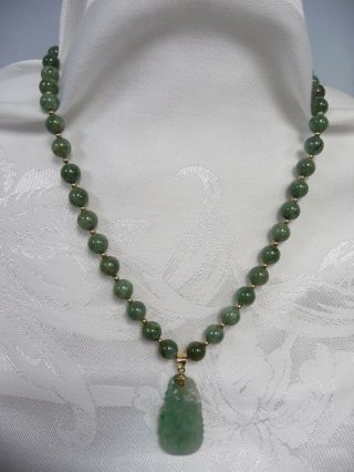 Lovely Vintage Jade Beads W/14k Clasp,  Beads & Bale Holding Jade Carved Pendant
