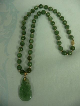 LOVELY VINTAGE JADE BEADS w/14K CLASP,  BEADS & BALE HOLDING JADE CARVED PENDANT 5
