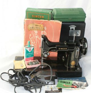 Antique Featherweight Singer Sewing Machine 221 Portable Case Booklet Attachment