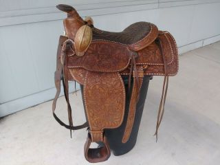 RARE Vintage Henry Les Garcia Saddle Co Salinas Tooled Ranch Cutting Saddle 3