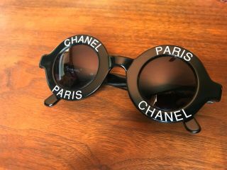Rare Vintage Chanel Round Logo Sunglasses / 100 Authentic / Black