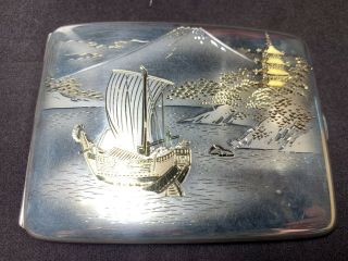 Japanese Sterling 950 Silver Card Cigarette Case Ship & Mt Fuji 3.  15x4” 125grms