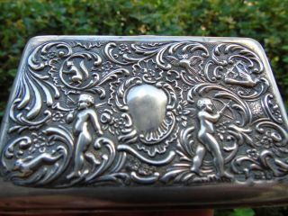 Silver Antique Card Case With Cupid And Cherbus,  Putto Owls And Hares Relief Art