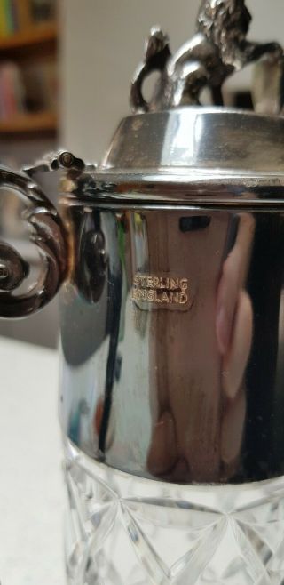 Vintage Crystal Glass claret jug/decanter Sterling Silver Top 2