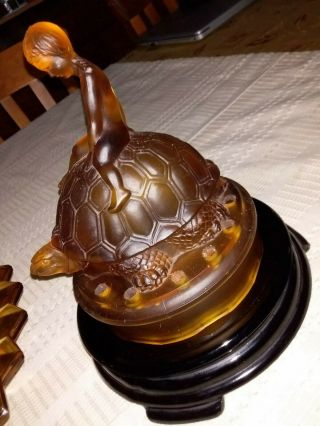 Extremely Rare Amber Girl on the Turtle Flower Frog Figurine in Bird Float Bowl 2