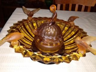 Extremely Rare Amber Girl on the Turtle Flower Frog Figurine in Bird Float Bowl 3