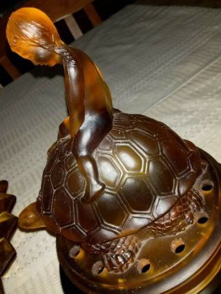 Extremely Rare Amber Girl on the Turtle Flower Frog Figurine in Bird Float Bowl 4