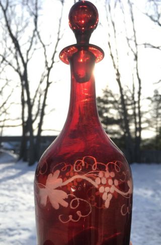 Antique Ruby Red Glass 1/2 Pint Decanter Or Scent Cologne Bottle Bohemian Grapes