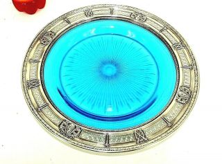 International Silver 10.  5 Victorian Pierced Sterling Silver Rim Blue Glass Plate