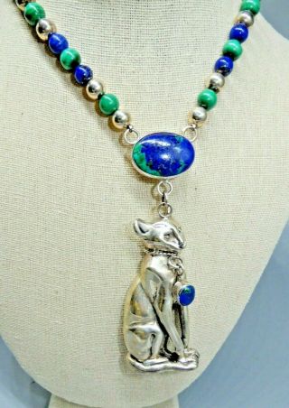 Vintage Sterling Silver Huge Cat Pendant Artisan Necklace & Earrings Set Unique