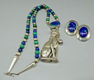 Vintage Sterling Silver HUGE CAT PENDANT Artisan necklace & earrings set UNIQUE 2