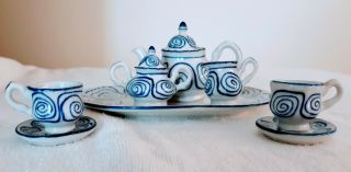 Vintage Porcelain Blue & White Miniature Tea Set - Children 