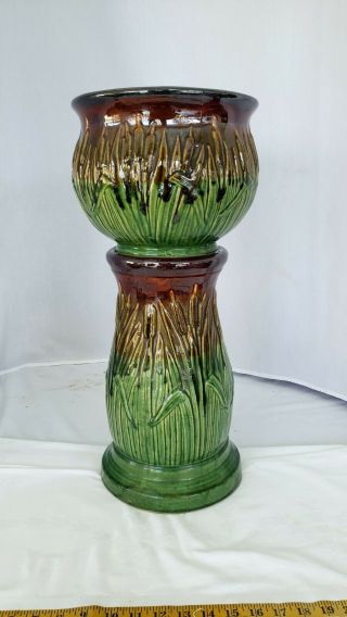Vintage Robinson Ransbottom Cattail Jardinere And Pedestal Flower Pot And Stand