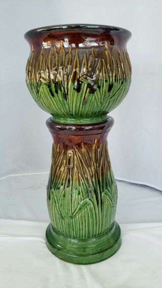 Vintage Robinson Ransbottom cattail Jardinere and pedestal flower pot and stand 2
