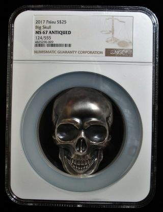 Palau: 2017 Big Skull High Relief 1/2 Kilo Silver Antiqued $25 Ngc Ms67.