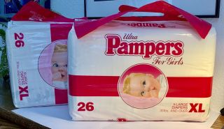 (2) Vintage Pampers Diapers For Girls,  Extra Large 26 Count,  Vintage 1989.  No Resv