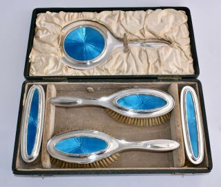 Boxed 1910 Sterling Silver & Guilloche Enamel 5 Piece Vanity Set Mirror,  Brushes