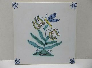 Vintage Delft Tile Hand Painted Butterfly Flower 5.  25 " Multi Color