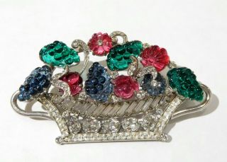 Vintage Art Deco Emerald Ruby Grape Fruit Salad Rhinestone Flower Basket Brooch