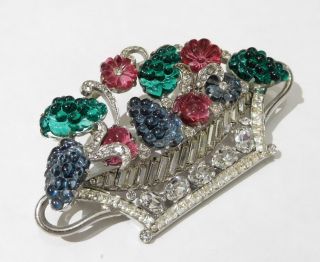 Vintage Art Deco Emerald Ruby Grape Fruit Salad Rhinestone Flower Basket Brooch 2
