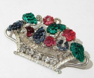 Vintage Art Deco Emerald Ruby Grape Fruit Salad Rhinestone Flower Basket Brooch 3