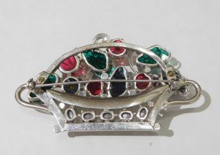 Vintage Art Deco Emerald Ruby Grape Fruit Salad Rhinestone Flower Basket Brooch 4