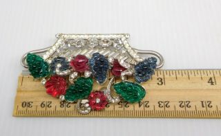Vintage Art Deco Emerald Ruby Grape Fruit Salad Rhinestone Flower Basket Brooch 5