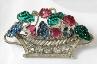 Vintage Art Deco Emerald Ruby Grape Fruit Salad Rhinestone Flower Basket Brooch 6