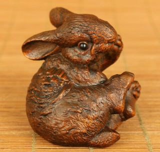 Rare Old Boxwood Antique Lovely Rabbit Statue Netsuke Collectable Table Decorate