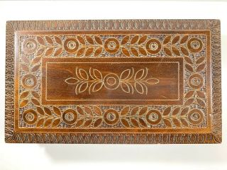 Vintage Carved Wooden Cigar Box Poland Humidor With Brass Inlay Trinket Jewelry