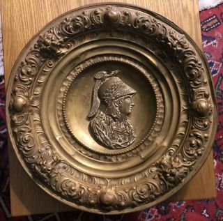 Early Layered Brass Wall Plaque 3d Lion Faces Hand Chased Roman Soldier Dragon