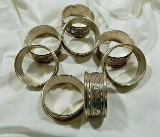 Set Of 8 Alvin Sterling Silver Napkin Rings S17 - 1 Scroll & Bead Design Antique