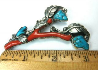 Huge 3 " Old Zuni Navajo Carved Turquoise Branch Coral Brooch Sterling Silver Pin