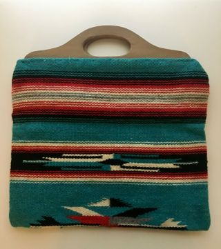 Vtg Chimayo Wool Hand Woven Purse W/ Wood Handles Southwestern Native Blanket