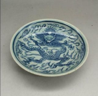Chinese Old Porcelain Qing guangxu Blue white painting dragon Phoenix plate 4