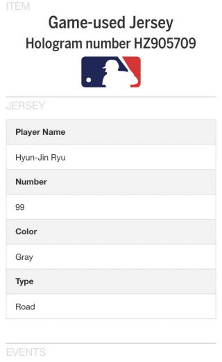 HYUN - JIN RYU GAME WORN DODGERS JERSEY 2018 MLB AUTH RARE 1/1 9K ' S WIN 2 10