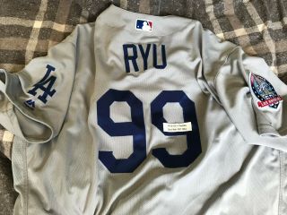 HYUN - JIN RYU GAME WORN DODGERS JERSEY 2018 MLB AUTH RARE 1/1 9K ' S WIN 2 7