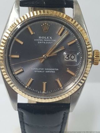 Vintage 1603 Rolex Datejust Mens 18k Gold SS Pie Pan Gray Dial Watch 2