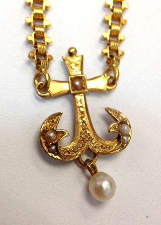 Adorable Antique Victorian 18k Yellow Gold Seed Pearl Natuical Anchor Necklace