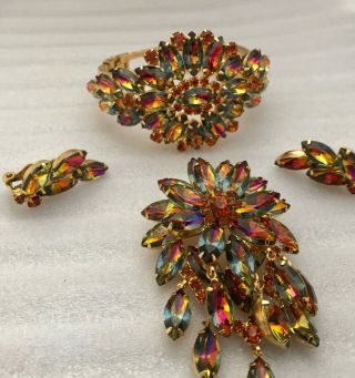 Vtg Juliana Multi Color Peacock Navette Brooch,  Cuff Bracelet & Clip Earrings