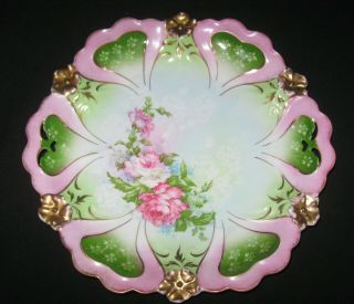 Hapsburg Austria Hand Painted Floral Plate Or Charger - Green Pink Gold