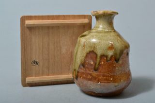 T1359: Japanese Shigaraki - Ware Green Glaze Sake Bottle Tokkuri,  Auto W/box