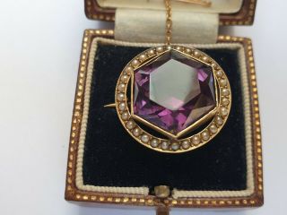 Antique Victorian Yellow Gold Amethyst and Seed Pearl Brooch Pin Jewelry 8