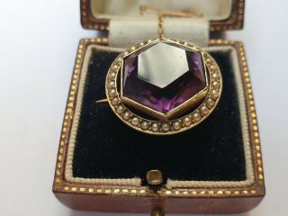 Antique Victorian Yellow Gold Amethyst and Seed Pearl Brooch Pin Jewelry 9