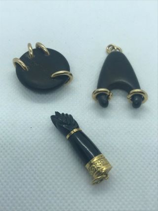 Three Vintage Black Onyx & 18k Gold Pendant Charms.  Figa Fist