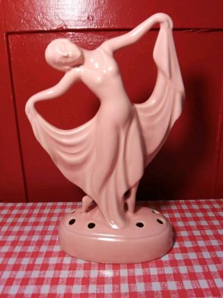 Vintage Art Deco Mid Century Dancing Lady Flower Frog Pink Ceramic Figurine