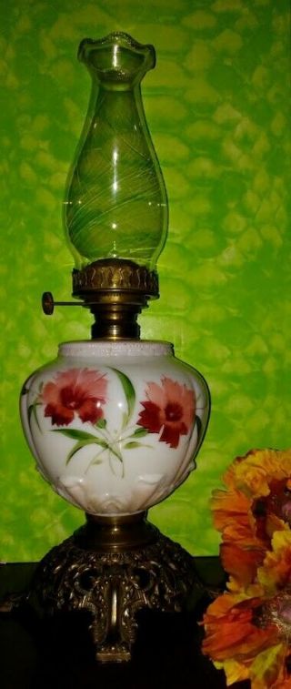 Pepperpoodle82 Vintage Oil Lamp Hand Painted Glass Ornate Metal Base